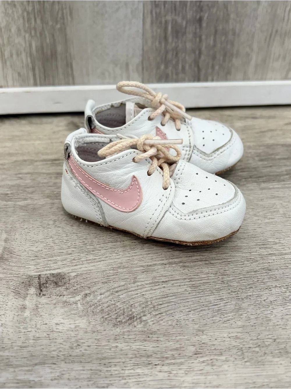 Vintage Nike Baby Crib Shoes White Pink Leather Infant